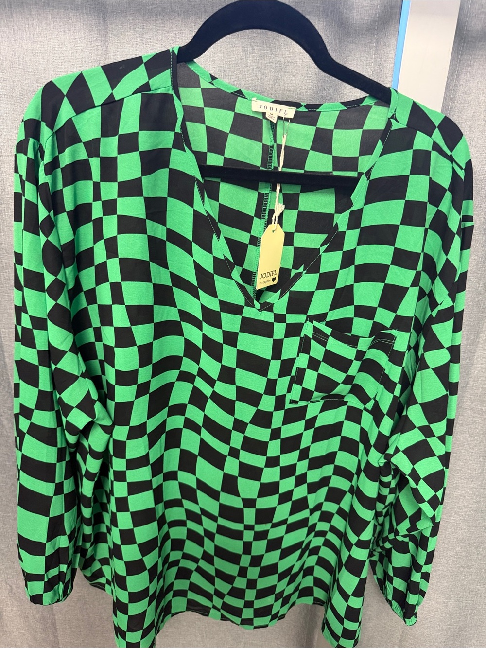 JODIFL Black & Green Checker V-Neck Top